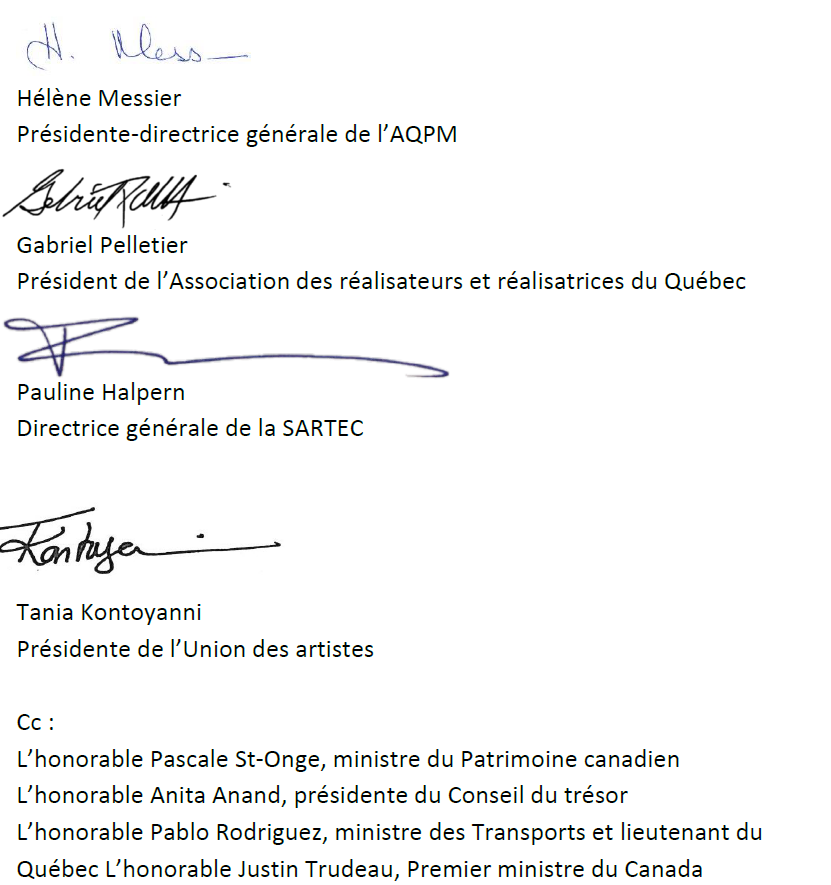 Coalition pour la pérennisation du budget de Téléfilm Canada 4 signatures lettre freeland